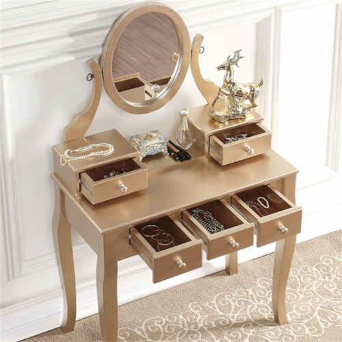 Gold Wood Makeup Vanity Table and Stool Set