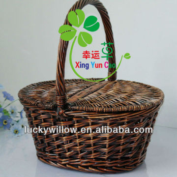 elegrant oval brown wicker storage basket with 2 lids& high handle