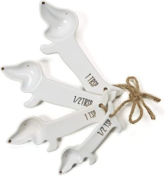 White Ceramic Dog Themed Kitchen Utensils - Porcelain Measuring Cups and Spoons for Countertop