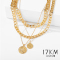 17KM Punk Gold Portrait Coin Pendant Necklace For Women Cuban Multilayered Chunky Thick Chain Choker Necklaces Gothtic Jewelry