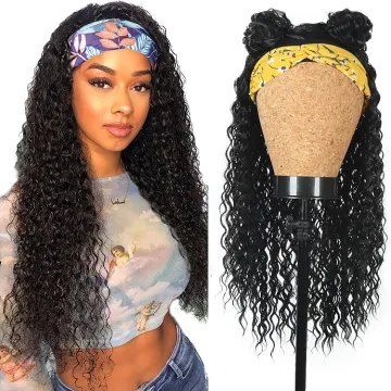 Natural Black  Kinky Culry wave Headband wig hair entension Elastic Synthetic Hair Wigs With Scarf For Black Women