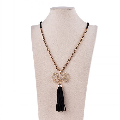 Rhinestone Bow Knot With Tassel Zinc Alloy Chain Necklaces