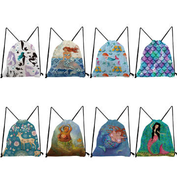 Cartoon Mermaid Print Custom Polyester DrawString Bag