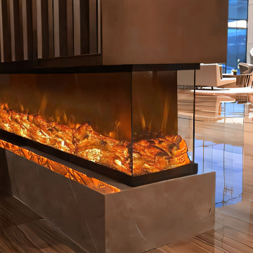 wall decoration for hotel  shopping mall  exhibition space  3side glass view multicoloured flame fireplace