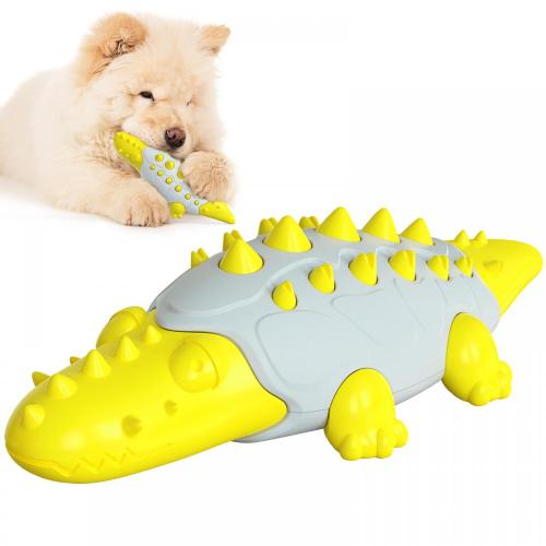 Cão moendo brinquedos crocodilo