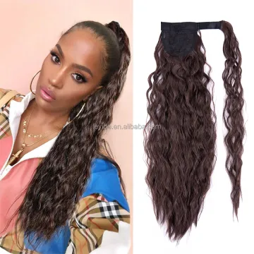 AliLeader Synthetic 22" Curly Corn Wavy Ponytail Wrap Around Hairpiece Magic Paste Black Pony Tail Long Ponytail For Women
