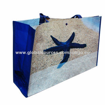 Recycled PP Woven tote shopping bags with plastic button closure, starfish printing, welcome custom