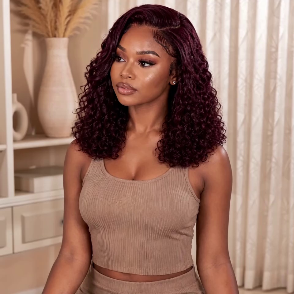 14 Inch 13x4 HD Lace Frontal Kinky Curls 180% Density 99J Human Hair Glueless Wig