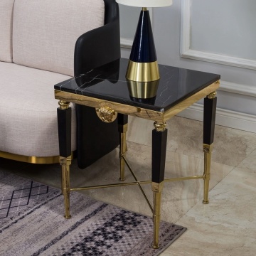 Luxurious Pattern Carving Stainless Steel Side Table with Glass Marble Top