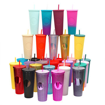 2024 Trending Reusable Drink Cups: Double-Wall Plastic Juice and Coffee Mug, 24oz with Studded Tumbler and Straw