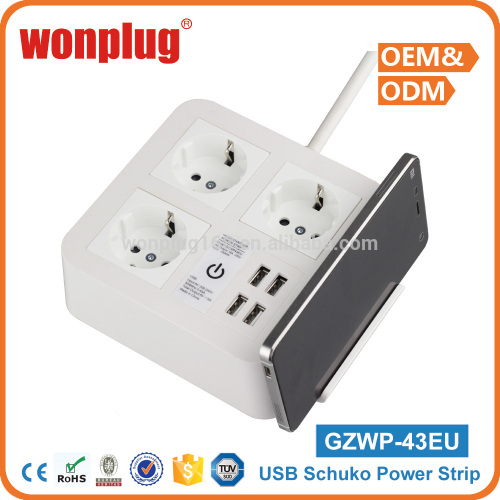 Wonplug Europe Schuko Germany Extension Outlet Power Strip with Phone Holder