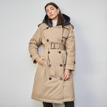 British Down Trench Coat Winter White Duck Down Jacket Women Hooded Long Thick Warm Jackets Puffer Feather Female Parka Mujer