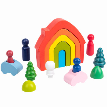 Creative Montessori Rainbow Wooden Puzzle Stacking Building Blocks for Kids