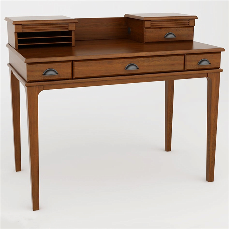 Bureau d'ordinateur en bois jaune et rouge avec huche