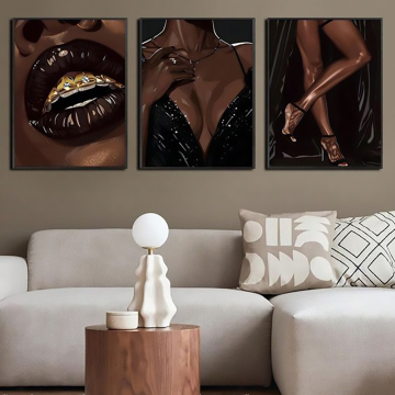 African Woman Wall Art: 3 Panel Canvas Print and Framed Crystal Porcelain Paintings