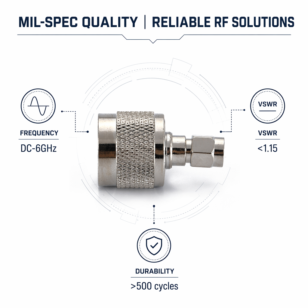 N Type to SMA RF adapter technical specifications with DC to 6GHz frequency performance