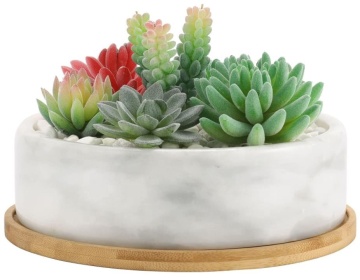 8 Inch White Marble Indoor Plant Pot: Perfect Planter for Cactus and Flowers with Removable Bamboo Drainage Tray