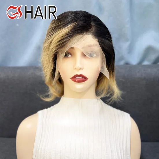 GS Perruque Pixie Cut Wig: Human Hair Curly Bob with Bleached Knots Lace Front