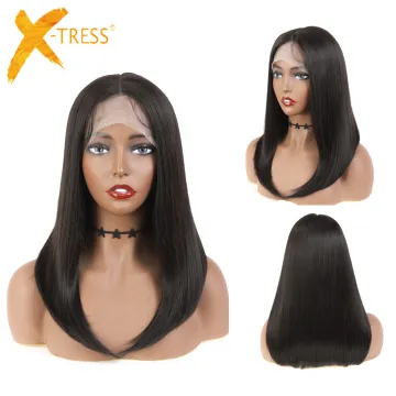 X-TRESS Silky Straight 14" Synthetic Hair Lace Front Wigs High Temperature Fiber Hair Wigs For Black Women Middle Part Wigs