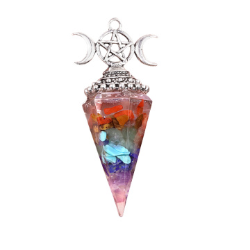 7 Chakra Chip Stone Resin Silver Moon Hexagonal Cone Pendant & Pendulum