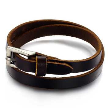 Adjustable womens men's brown leather buckle bracelet