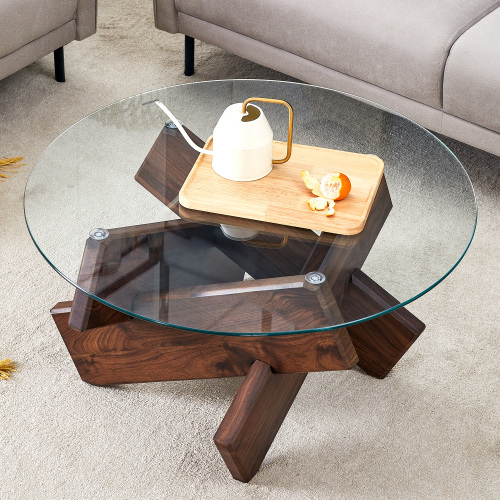 Modern Circular Glass Coffee Table with MDF Legs