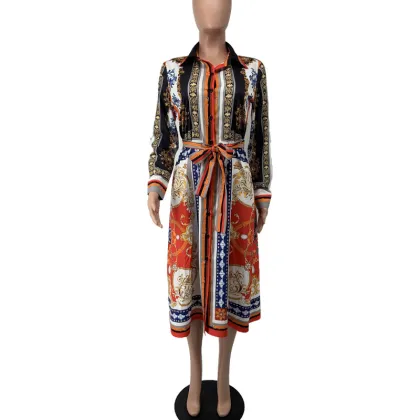 Women's Casual African Long Sleeve Buttons Open Front Belted Long Blouse Shirts Dress Loose Outwear Africa Clothing