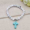 Natural Howlite Chakra Gemstone 8MM Round Beads Charms Bracelet with Turquoise Cross