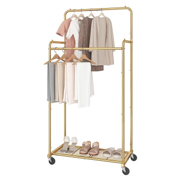 Heavy Duty Double Rod Clothes Rack with Hooks and Wheels