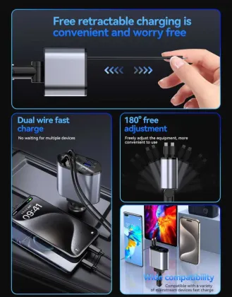 4-in-1 Retractable Fast Charging Car Charger for iPhone, Samsung, Pixel, Huawei