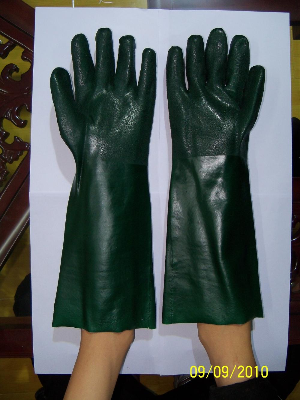 Guantes de doble caída de PVC verde con forro de enclavamiento