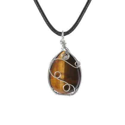 Yellow Tiger Eye Stone 25x35MM Teardrop Pendant (28X50MM) Wrapped Steel Wire Keychain