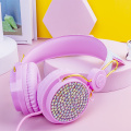 Foldable On-Ear Wired Headset Unicorn Diamond Kids Headphones with LED Cat Ears Microphone