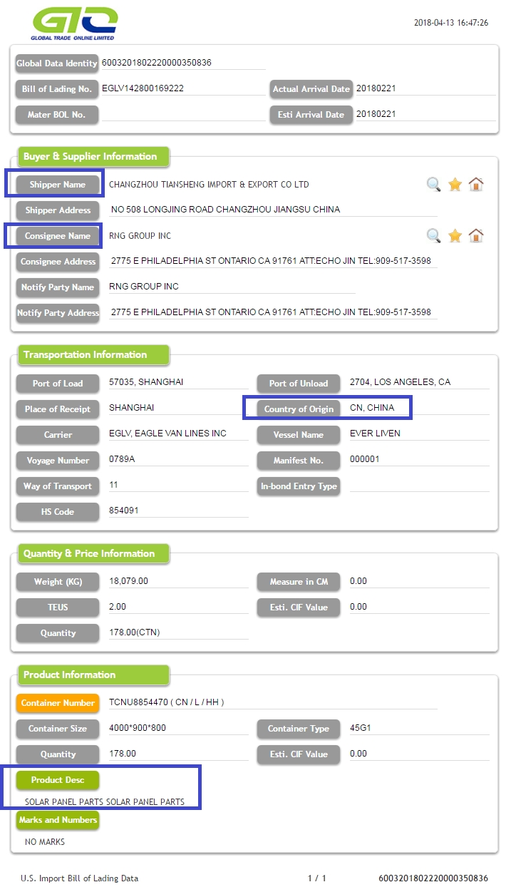 Solar Panel-USA Import Customs Data