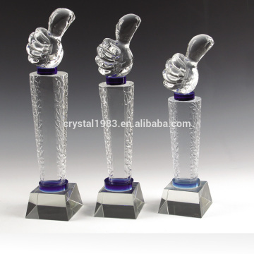 K9 blue crystal direct customized thumb shape award with base crystal hand trophy