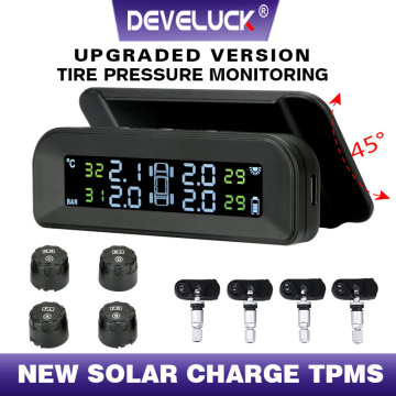 TPMS Car Tire Pressure Monitor System Automatic Brightness Control USB and Solar Charging Adjustable LCD Screen 4 Exter Sensor