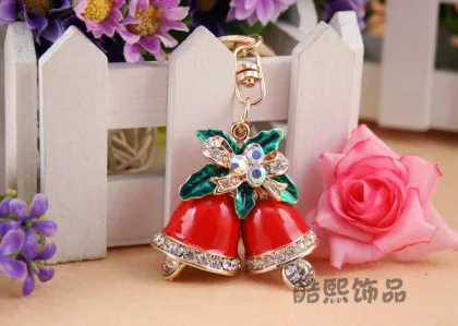 Cute and creative Christmas Bell enamel rhinestones key chain crystal metal keyring 3D bell bag hanger women gifts
