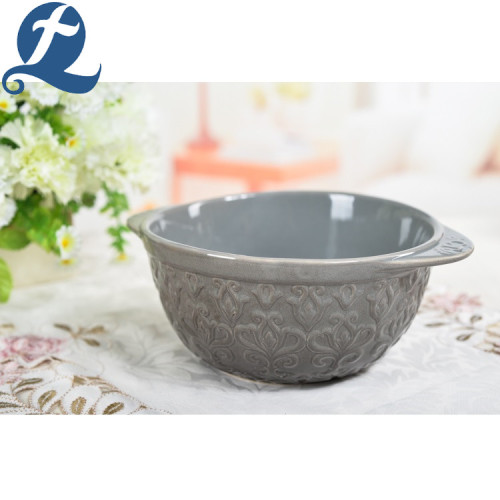 Embossment Round Ceramic Mixing Bowls with Handle