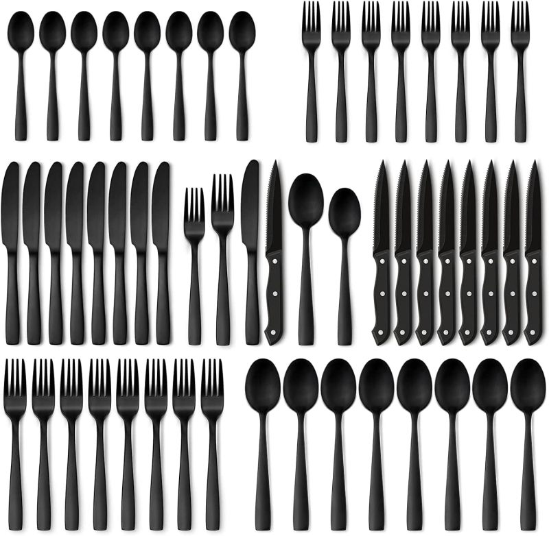 Hiware 48-Piece Matte Black Silverware Set with Steak Knives