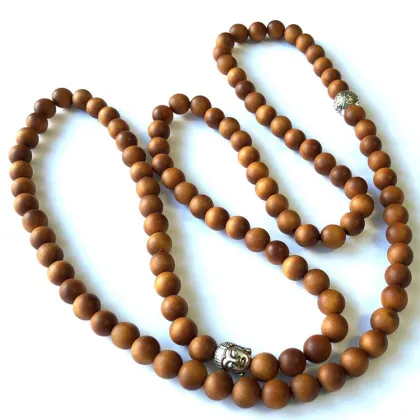 Mala Beads Bracelet: Sandalwood, 108 Beads, Buddha Figurine - Ideal for Meditation
