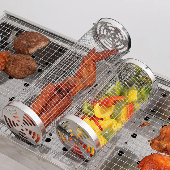 Portable BBQ Grilling Basket | 304 Stainless Steel Round Rolling Grill Accessory for Outdoor Cooking