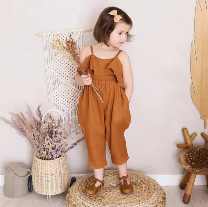 Summer Children's Cotton and Linen Ruffled Jumpsuits for Baby Girls: Flutter Linen Bubble Rompers & Sling Jumpsuits
