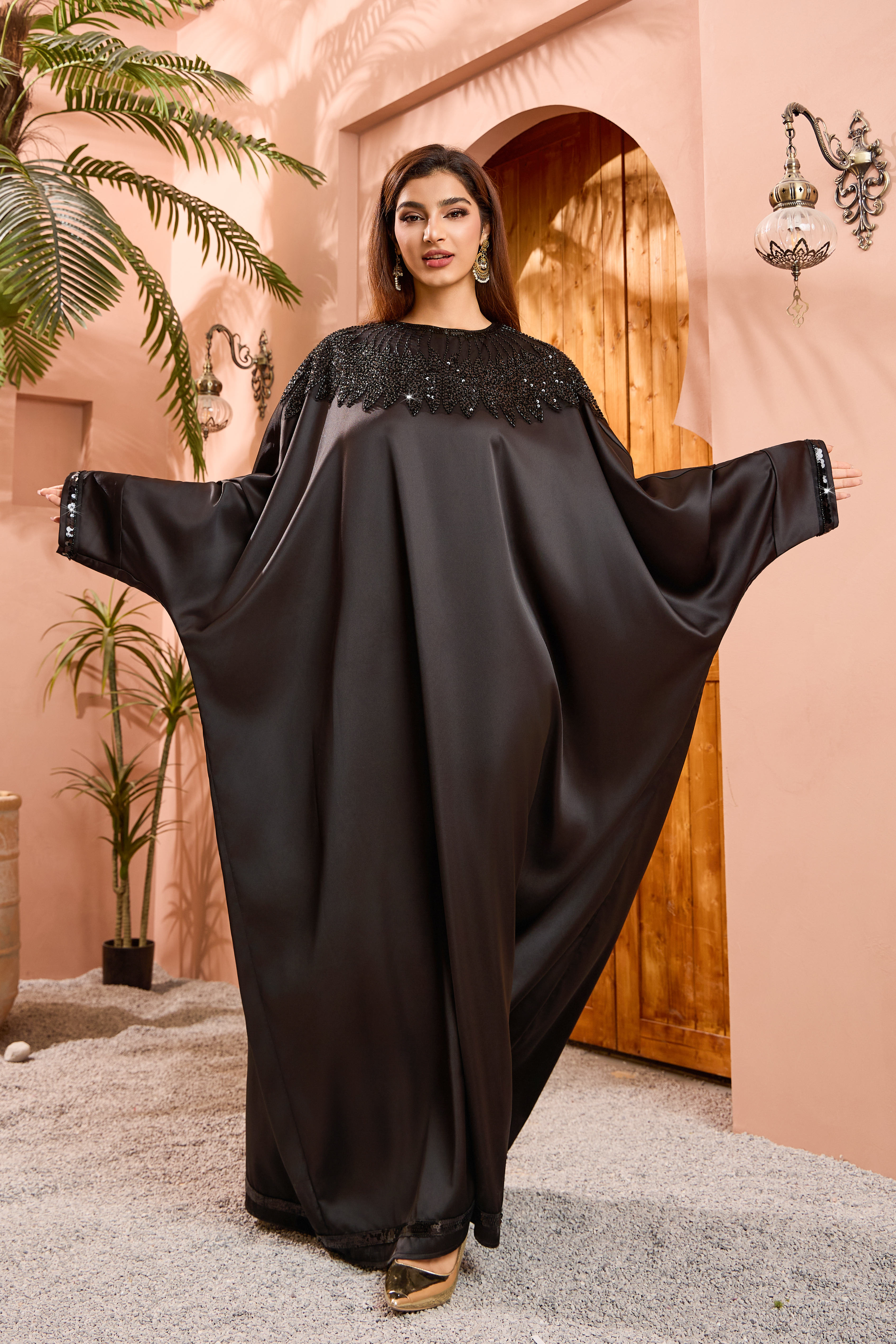 black beaded neckline batwing abaya model styling view 04