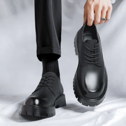 2025 Men's Black Platform Derby Shoes - Round Toe Dress Shoes