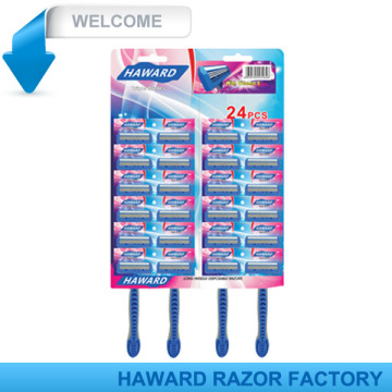 triple blade with lubricant strip , rubber handle , pivoting head razor & blade