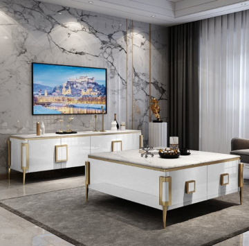 Modern White and Black Luxury TV Cabinet with Metal and Wood Design for Living Room