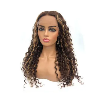 Human Hair Wigs Curly Highlight Brown Lace Front Wigs Ombre Deep Wave 13x4x1 Lace Wigs Pre Plucked with Baby Hair Blonde