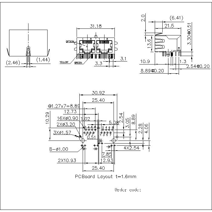 ATRJ5922-8P8C-X-1X2P-C-B RJ45 Jack Side Entry 1X2P Shielded With LED & EMI