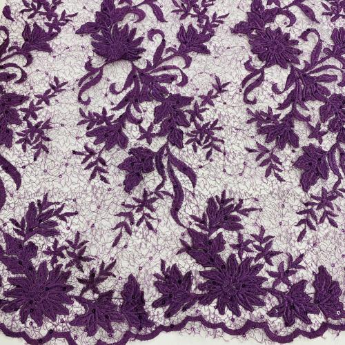 3D Violet Shiny Poly Yarn Flower Embroidery Fabric