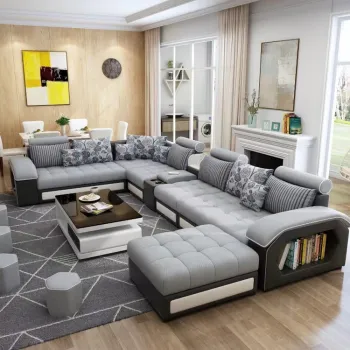MOYI U-Shaped Leather Sectional Sofa with Built-in Charger: Modern Furniture Design for Your Living Room